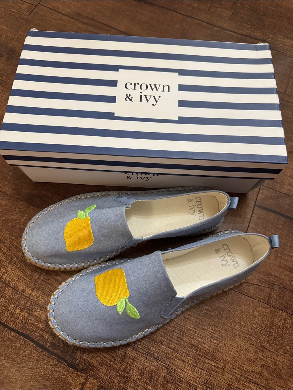 crown & ivy Blue Canvas Slip-On Kids Espadrilles with Yellow Lemon Motif